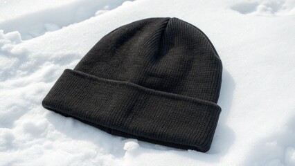 A blank black beanie hat is showcased against a pristine