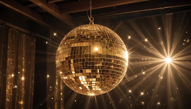 A large golden disco ball hanging in a dark room, surrounded by beams of light and sparkling lights, a festive and celebratory atmosphere, created with generative ai
