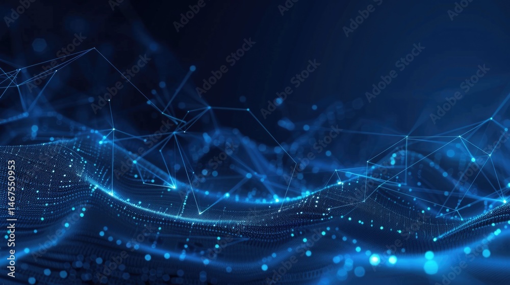 Poster abstract blue digital network background with lines and nodes. background image of glowing digital w
