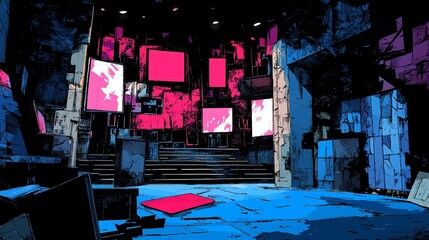 Abstract stage with vibrant monitors and dynamic angular architectural elements