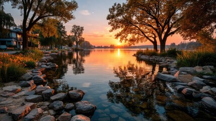 Obraz premium Tranquil sunset reflection over serene lake lakeside community nature photography peaceful atmosphere