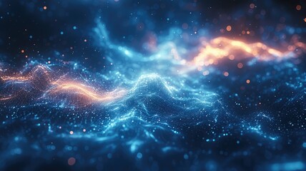Abstract picture micro light sparkling particle represent data flow vivid flowing wave with high tech background, create digital effect scene perfect for energetic and fantasy wallpaper design. AIG53.