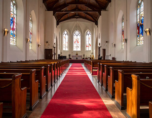 Fototapeta premium Serene church interior bathed in light. Stained glass windows, wooden pews, a red carpet create a space of peace reflection. Ideal for faith, design, or event themes.