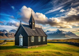 Fototapeta premium Panoramic Iceland: Black Church Budir, Snaefellsnes Peninsula Dramatic Landscape Photography