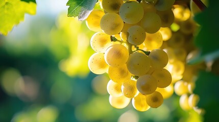 Golden Sunlight Bathes Ripe Grapes Hanging on the Vine