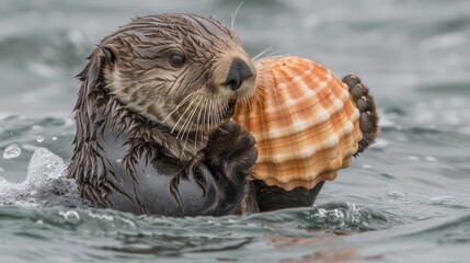 Sea otter relaxing in water with a shell resting on its chest, showcasing nature s charm