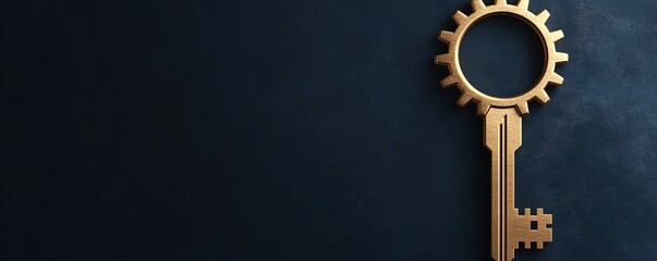 Golden gear-headed key on dark blue background.