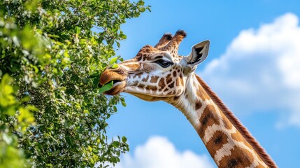 Giraffe Eating Leaves Under a Blue Sky