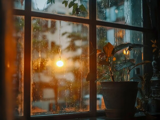 Raindrops cling to the glass as the sun sets, casting golden hues across the room. A potted plant adds a touch of nature to the tranquil atmosphere, enhancing the calm evening vibe