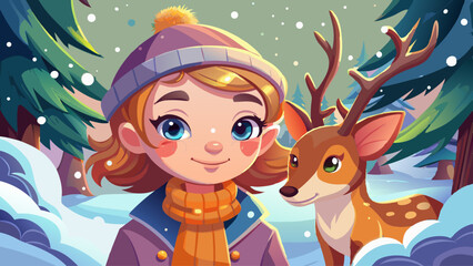 Fototapeta premium portrait Little Girl and Fawn in the Snow