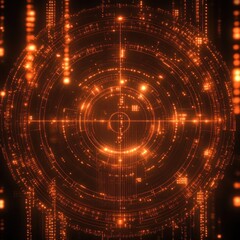 Obraz premium Abstract digital interface with concentric rings and glowing orange elements