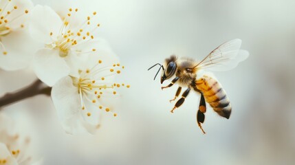 Honeybee in Flight Near White Blossoms