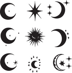 Obraz premium Celestial Vector Illustrations: Moon, Stars, Sun, and Cosmic Elements in Black and White