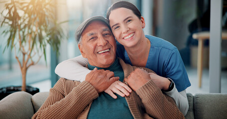 Portrait, nurse and hug old man in home for support, community care and geriatric wellness. Senior...