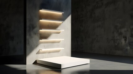 Modern minimalistic display shelf in an illuminated room with dramatic lighting and shadows
