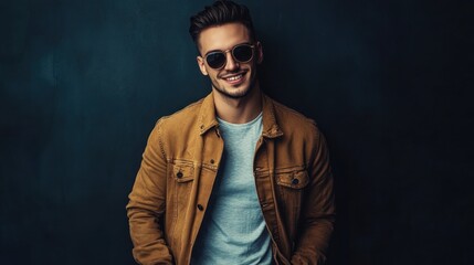 Obraz premium Stylish man in sunglasses posing against a dark backdrop