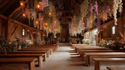 Obraz premium Rustic wedding venue adorned with vibrant flowers and hanging lights, creating a romantic atmosphere
