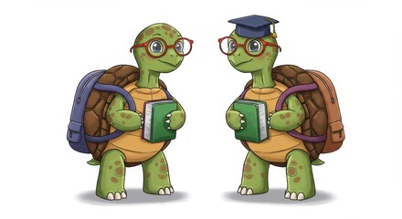 Cartoon Turtle Scholars: A Journey of Learning - Two wise turtles, wearing glasses and backpacks, carry books, symbolizing education, knowledge, perseverance, wisdom, and friendship
