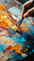 Fototapeta premium Close-up of an artist's hand painting a canvas with a brush and vivid colors.