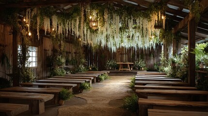 Obraz premium Rustic indoor venue adorned with hanging greenery and warm lighting, set for a gathering or event