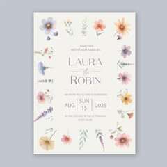 Garden Flowers Wedding Invitation Card Design, Wildflower Wedding Invite, Colorful Spring Floral Invitation Card.