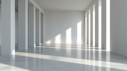 Bright and Minimalist Interior Space with White Walls and Shadows from Sunlight