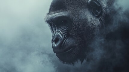 Majestic gorilla profile shrouded in misty atmosphere