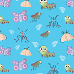 Cute insect cartoon pattern. Vector