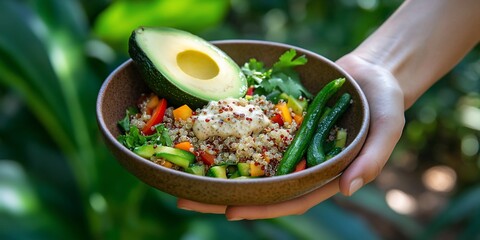 Vibrant quinoa bowl with avocado, peppers, zucchini, and a creamy dressing