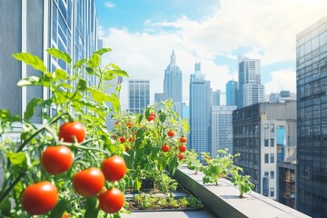 Fototapeta premium Urban rooftop garden with tomatoes and city skyline.