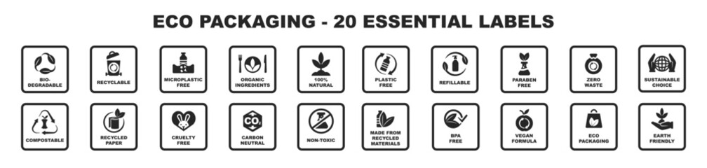 Eco recycling icons. Eco Packaging labels for product packaging.