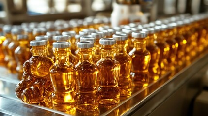 Bottles of amber liquid on a production line in a factory