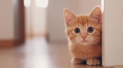 Adorable Ginger Kitten Peeking from Behind a Door