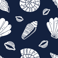 Navy blue and white seashells pattern. Seamless pattern with hand drawn conch and seashells