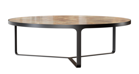 Round metal coffee table with marble top, isolated on transparent background. 3D render.