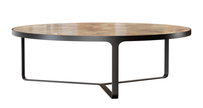 Round metal coffee table with marble top, isolated on transparent background. 3D render.