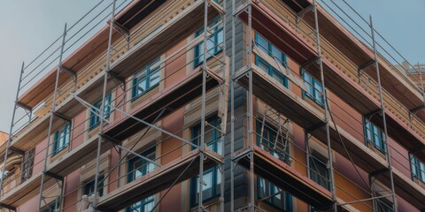 Fototapeta premium Scaffolding and Tools Surround Ornate Facade During Detailed Restoration