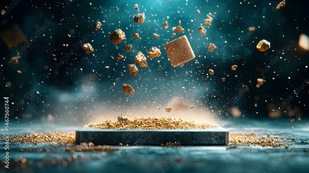 Poster luminous metallic particles suspended in a simulated zero gravity lab setting creating a futuristic 