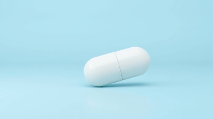 A single white capsule rests on a light blue background