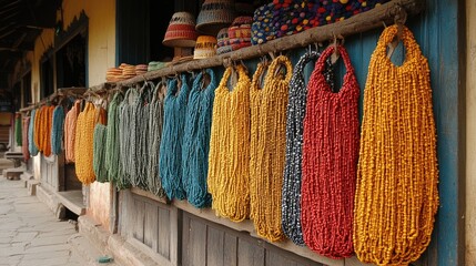 Colorful handcrafted textile art bags and necklaces on display