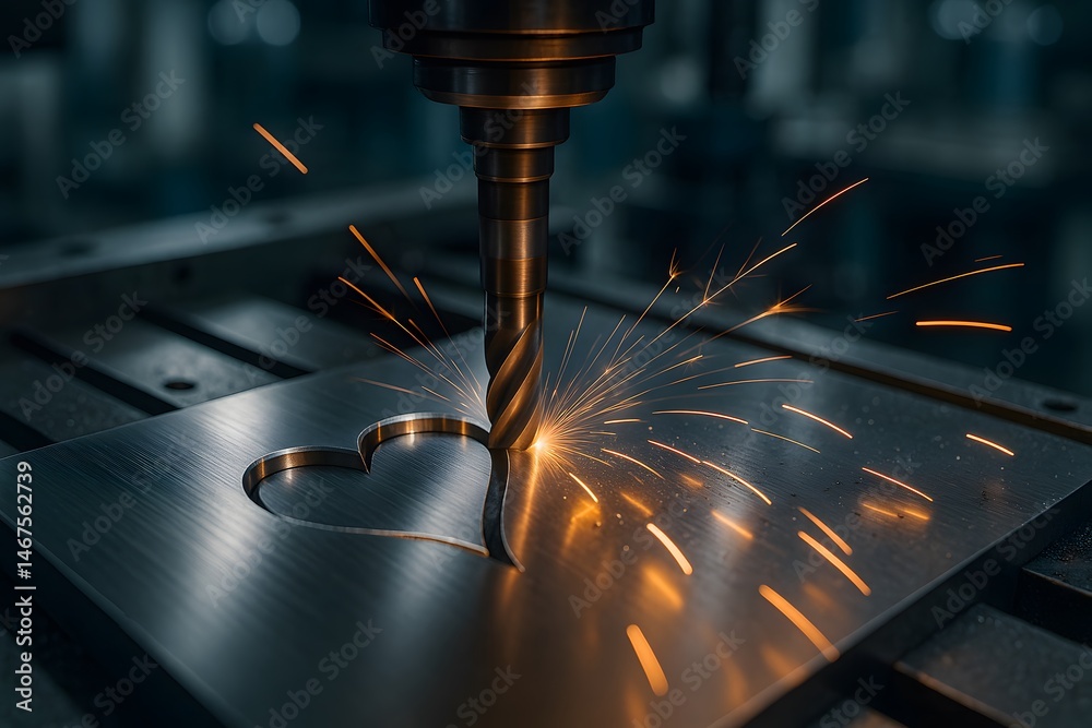 Aufkleber metalworking machining process with heart shape and sparks displayed