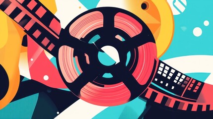 Reel to Reel: A vibrant abstract artwork depicting film reels, celebrating the art of filmmaking and its enduring legacy.