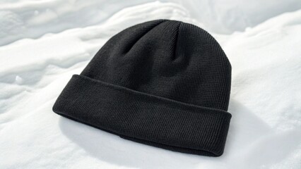 A blank black beanie hat is showcased against a pristine white 