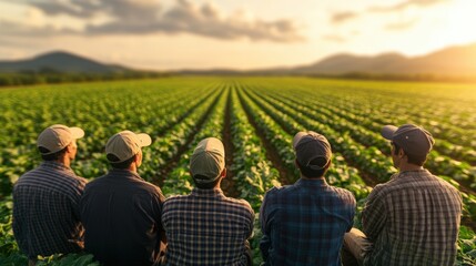 Diverse group of farmers or agricultural workers sitting together and observing lush green crop fields du sunset, rural landscape scene with mountains in distance