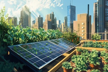 Fototapeta premium Urban rooftop garden with solar panels in the city.