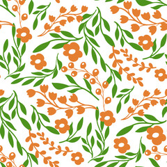 vector seamless pattern of leaves and flowers, vintage botanical pattern for decoration, fabric, wallpaper and decor, hand-drawn ornament for holiday decoration, interior and clothes