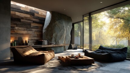 Minimalist living room with natural light modern interior design comfortable seating cozy atmosphere