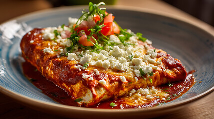 Enchilada Delight: A vibrant, top-down shot of a delicious, handmade enchilada, generously covered in rich, red sauce and topped with fresh ingredients, offering a burst of culinary excellence. 