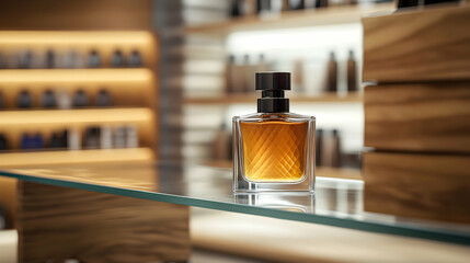A perfume bottle sits on a glass shelf in a store setting.