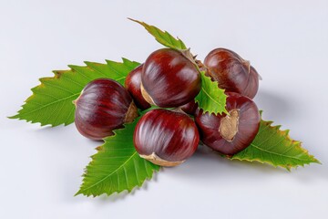 Fresh Sweet Chestnuts with Green Leaves Autumn Harvest Nature Food